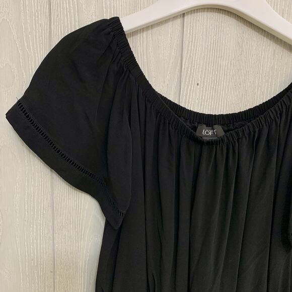 LOFT Black Off Shoulder Short Sleeve Drawstring Waist Romper Small NWT - Picture 2 of 5